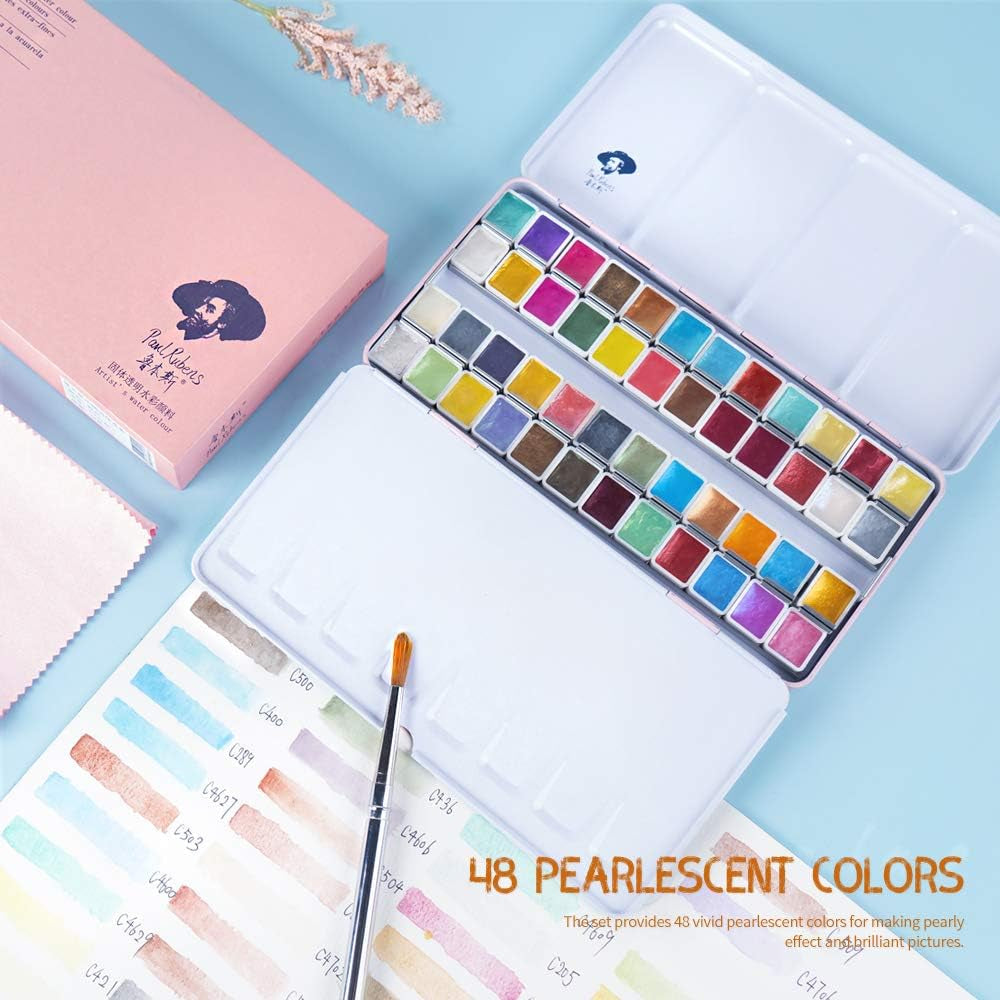 Artist Grade Watercolor Set, 48 Colors Glitter Metallic Paints, Portable Metal Case, Suitable for Beginners, Hobbyists, Students, Artists