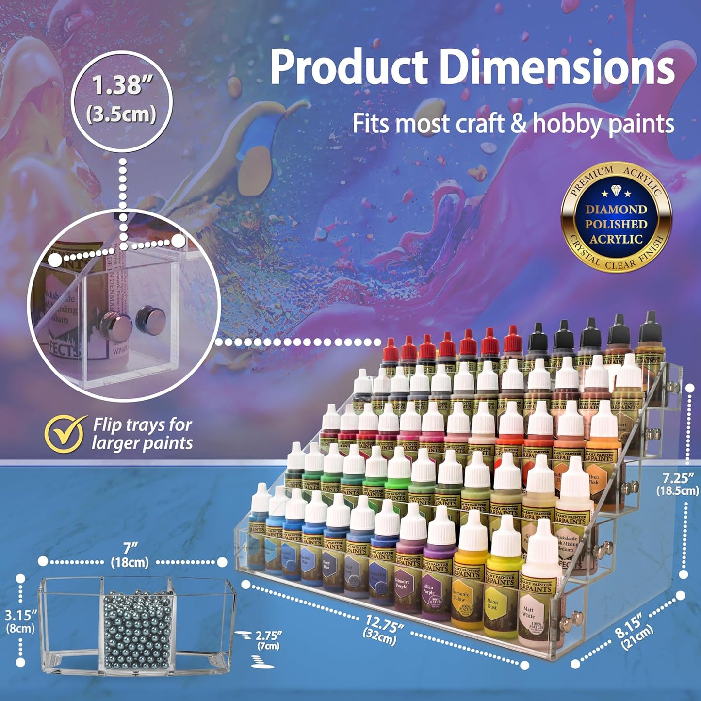 Paint Organizer & Paint Brush Holder Set. 6 Support Bead Options. Thick, Durable, Crystal-Clear Acrylic with Diamond-Polish Finish. Miniature Paint Rack & Hobby Paint Storage. P