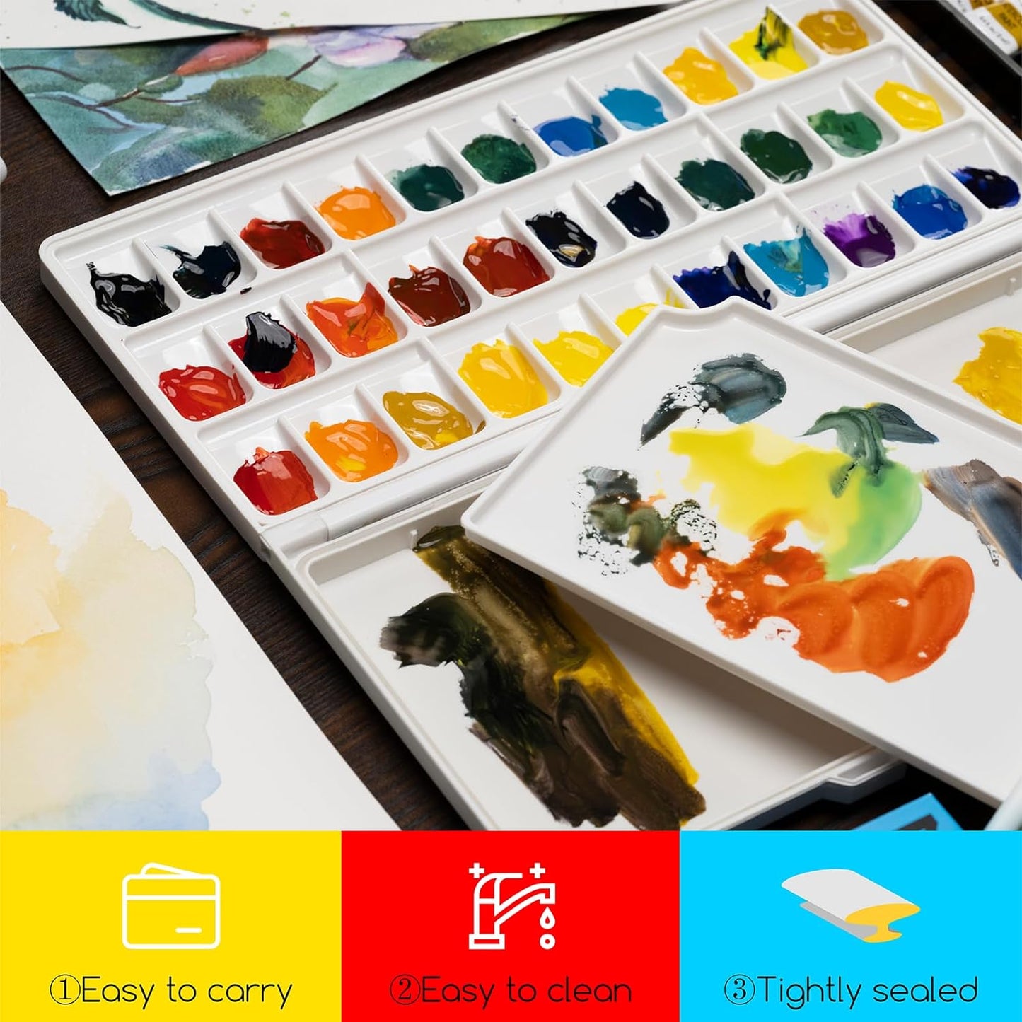 Watercolor Palette with Lid: 33 Wells Airtight Folding Paint Palette with Large Mixing Tray - Empty Acrylic Painting Art Pallet 12.5''X 6.5'' Black