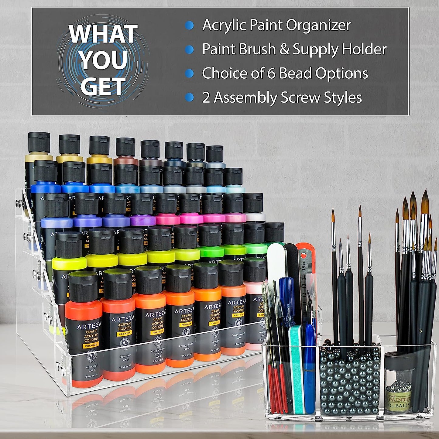 Paint Organizer & Paint Brush Holder Set. 6 Support Bead Options. Thick, Durable, Crystal-Clear Acrylic with Diamond-Polish Finish. Miniature Paint Rack & Hobby Paint Storage. P