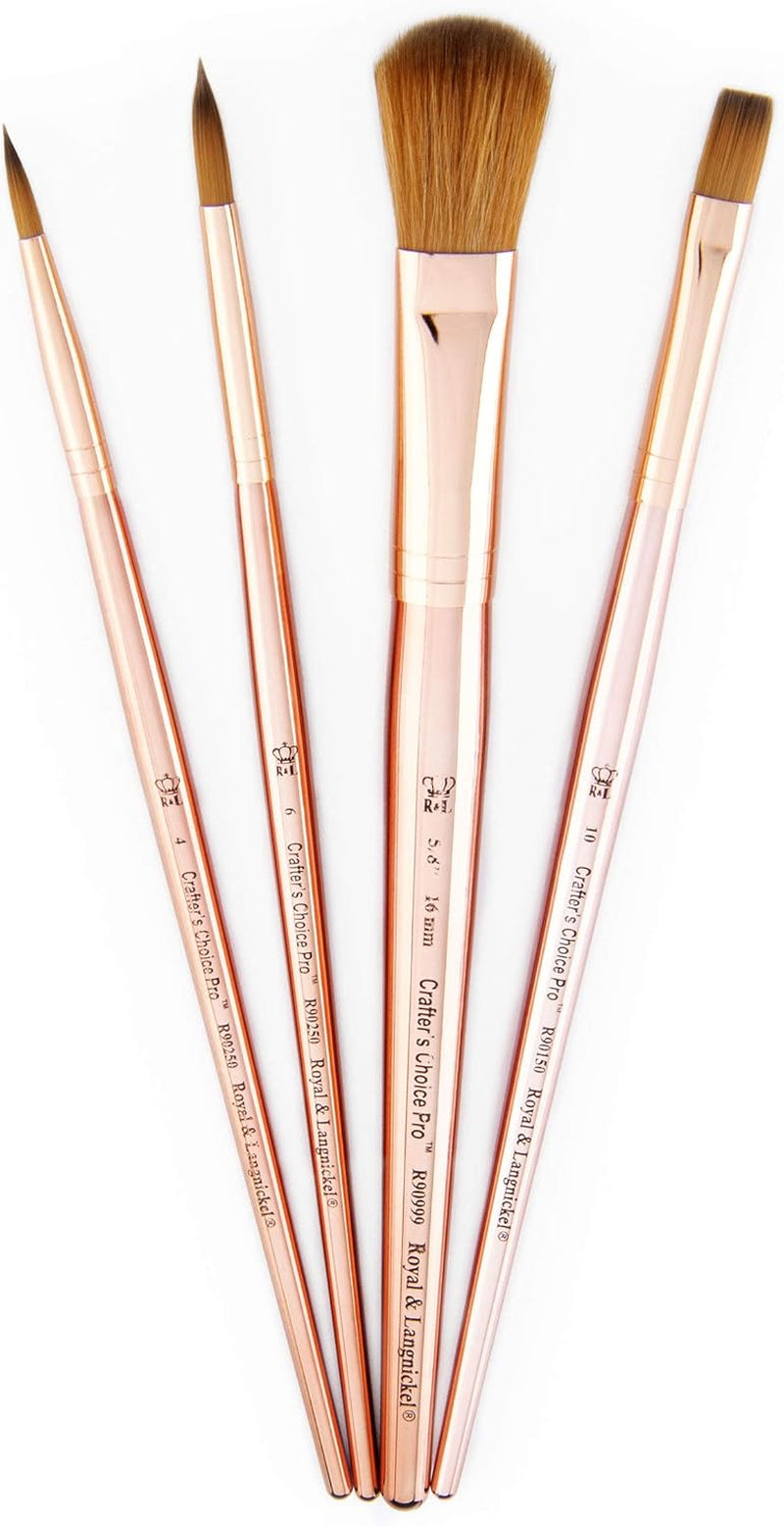 Crafter'S Choice Pro 4Pc Synthetic Sable Mop Variety Craft Brush Set, Includes - Mop, Shader & round Brushes Rose Gold