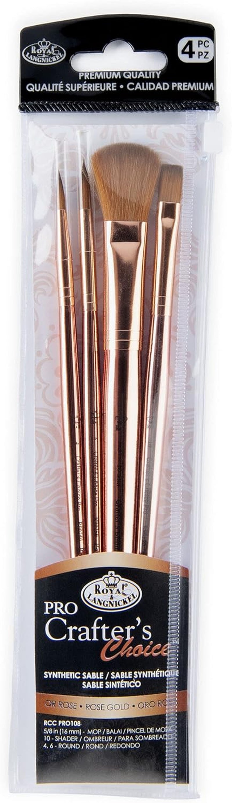 Crafter'S Choice Pro 4Pc Synthetic Sable Mop Variety Craft Brush Set, Includes - Mop, Shader & round Brushes Rose Gold