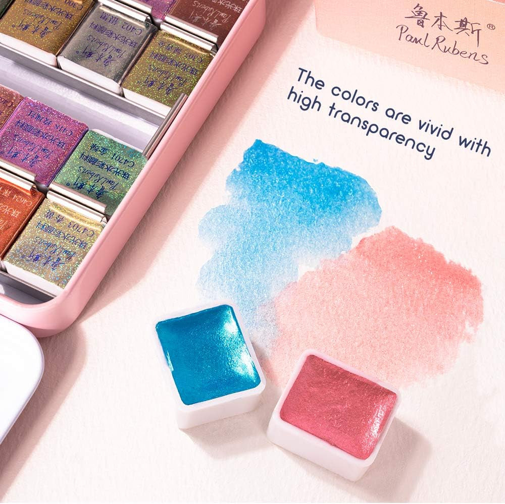 Artist Grade Watercolor Set, 48 Colors Glitter Metallic Paints, Portable Metal Case, Suitable for Beginners, Hobbyists, Students, Artists