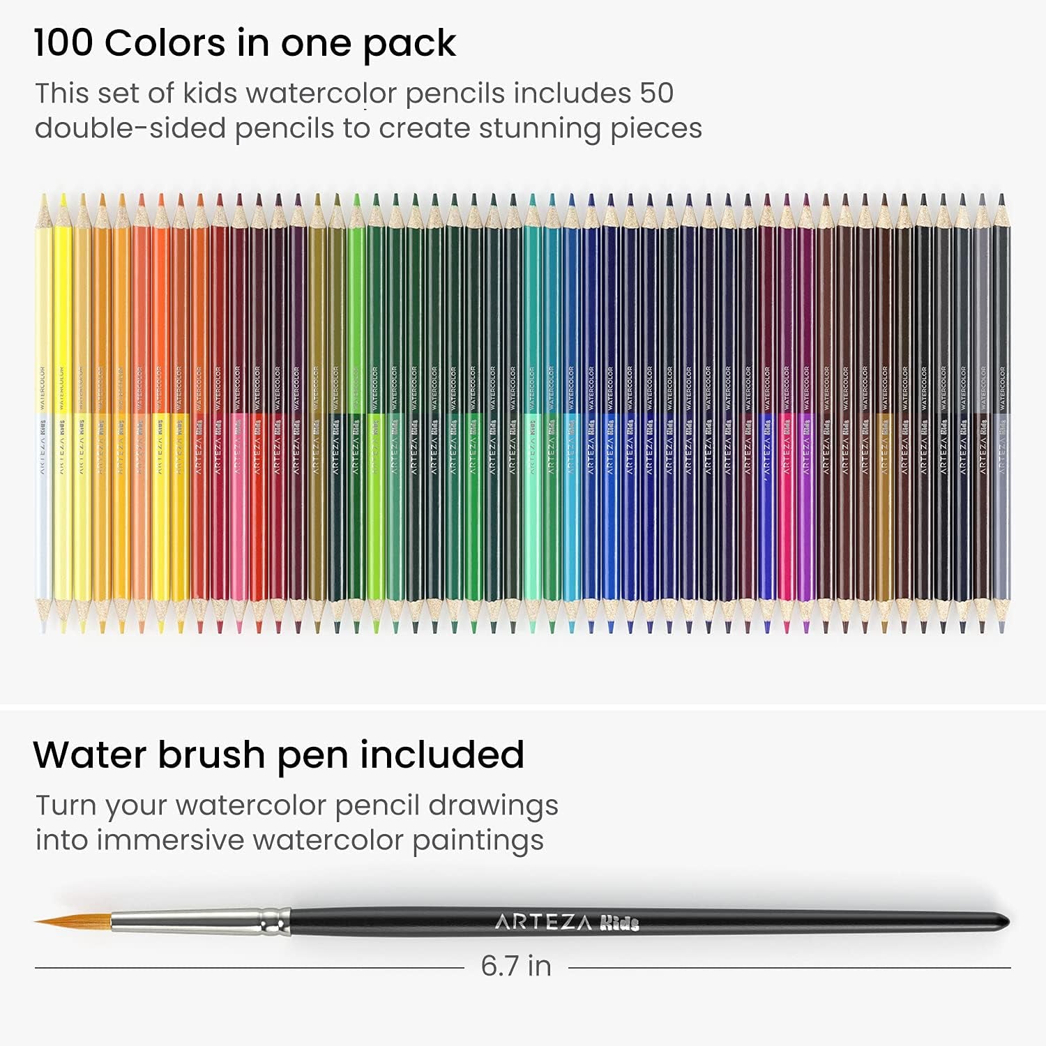 100 Watercolor Pencils for Kids, 50 Double-Sided Pre-Sharpened Color Pencils for Kids with Nylon Water Brush