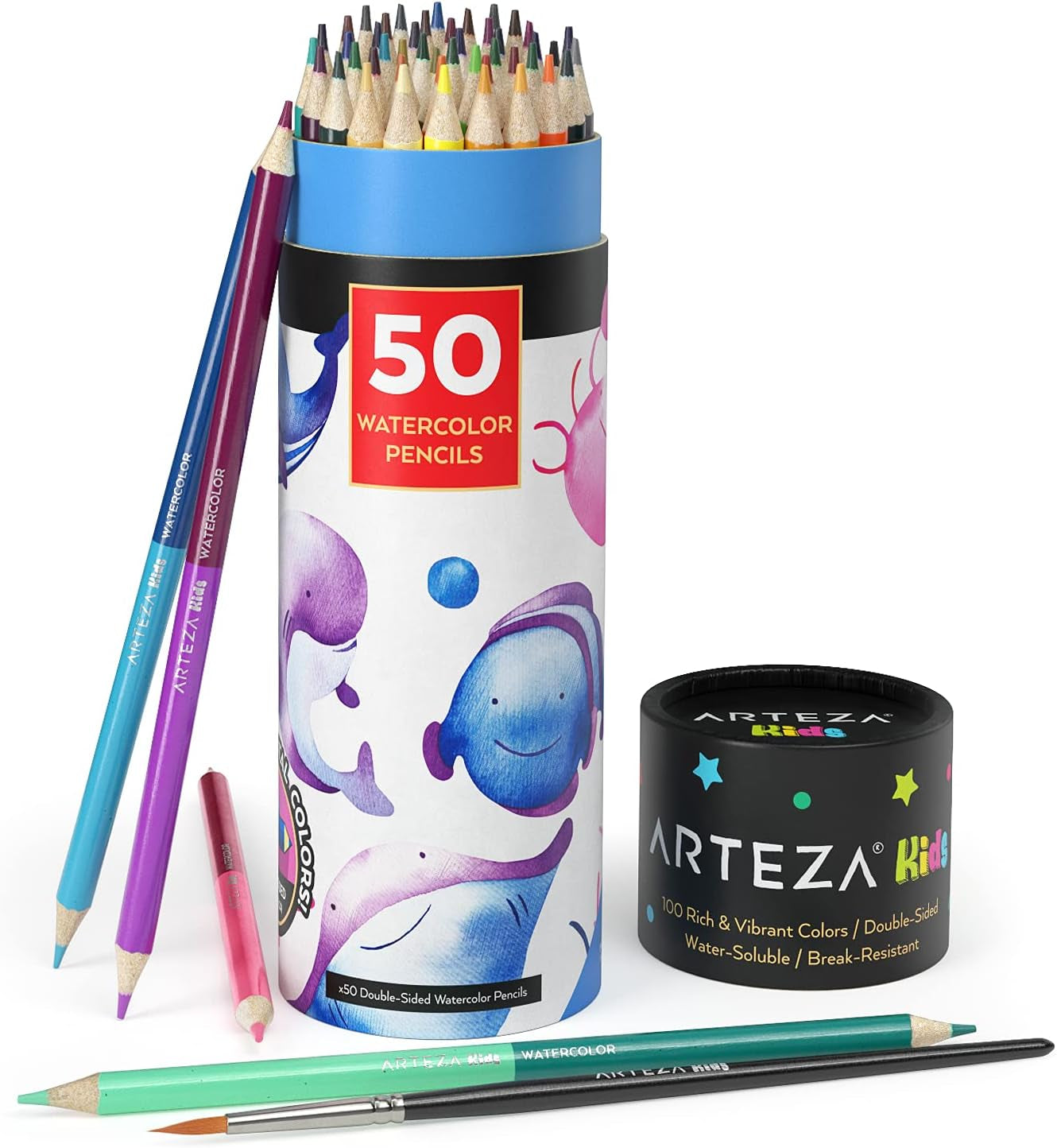 100 Watercolor Pencils for Kids, 50 Double-Sided Pre-Sharpened Color Pencils for Kids with Nylon Water Brush
