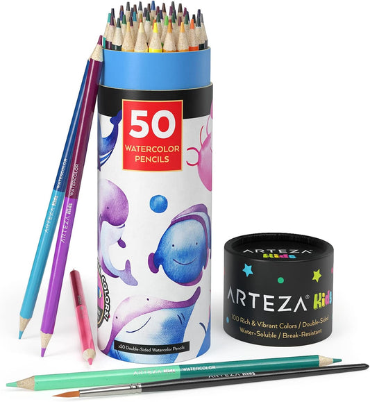 100 Watercolor Pencils for Kids, 50 Double-Sided Pre-Sharpened Color Pencils for Kids with Nylon Water Brush