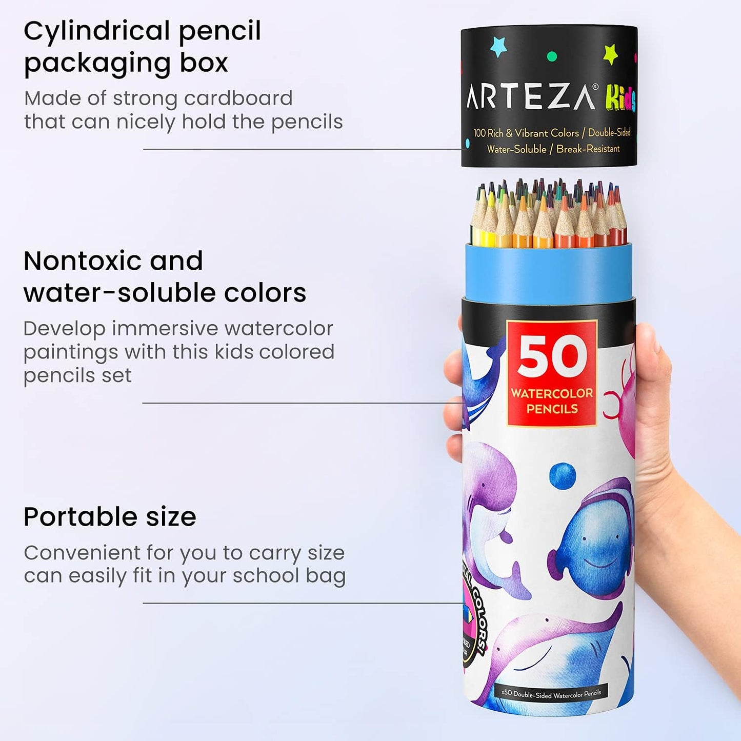 100 Watercolor Pencils for Kids, 50 Double-Sided Pre-Sharpened Color Pencils for Kids with Nylon Water Brush