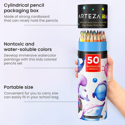 100 Watercolor Pencils for Kids, 50 Double-Sided Pre-Sharpened Color Pencils for Kids with Nylon Water Brush