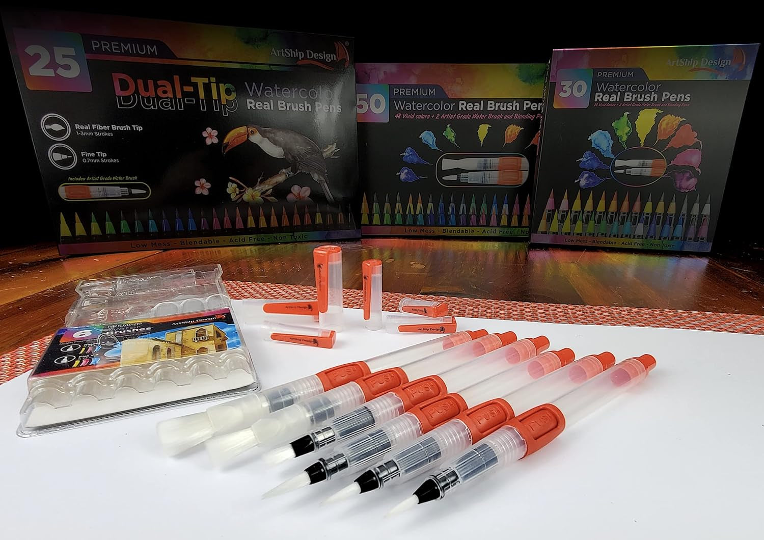 6 Water Brush Pens - Nylon Bristle Tips, Double Pack of Both Flat and round Shaped Tips in 3 Sizes Each, Water Fillable Self-Moistening for Watercolor, Blending, Ink, Gouache, Aquarelle, Acrylic Paint