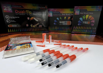 6 Water Brush Pens - Nylon Bristle Tips, Double Pack of Both Flat and round Shaped Tips in 3 Sizes Each, Water Fillable Self-Moistening for Watercolor, Blending, Ink, Gouache, Aquarelle, Acrylic Paint