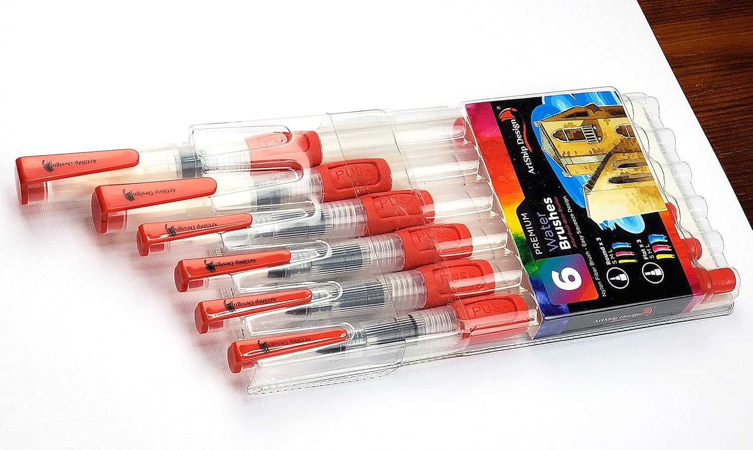 6 Water Brush Pens - Nylon Bristle Tips, Double Pack of Both Flat and round Shaped Tips in 3 Sizes Each, Water Fillable Self-Moistening for Watercolor, Blending, Ink, Gouache, Aquarelle, Acrylic Paint