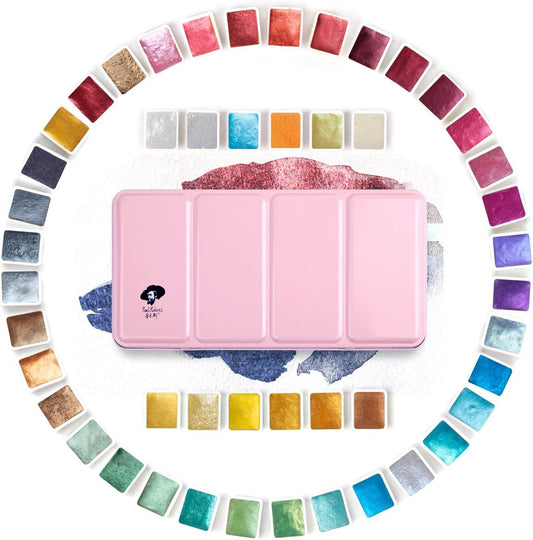 Artist Grade Watercolor Set, 48 Colors Glitter Metallic Paints, Portable Metal Case, Suitable for Beginners, Hobbyists, Students, Artists