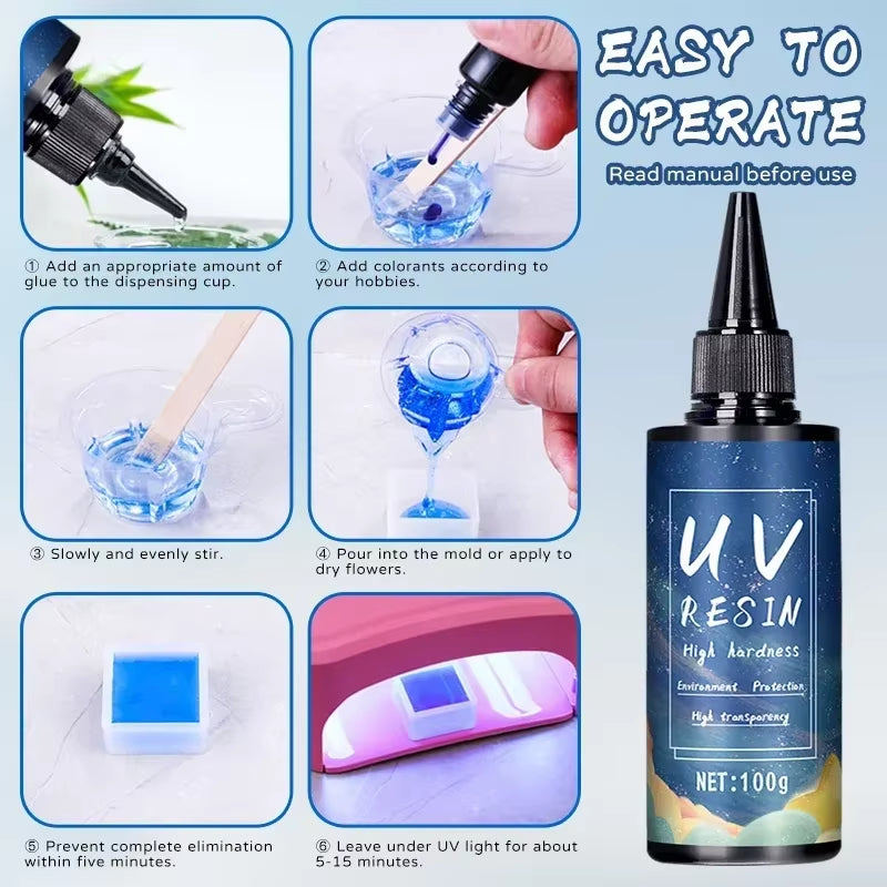 Uv Epoxy Resin Glue 50-1000G DIY Jewelry Making Uv High Transparency Fast Drying High Hardness Bottl Uv Resin Withe 6W Lamp