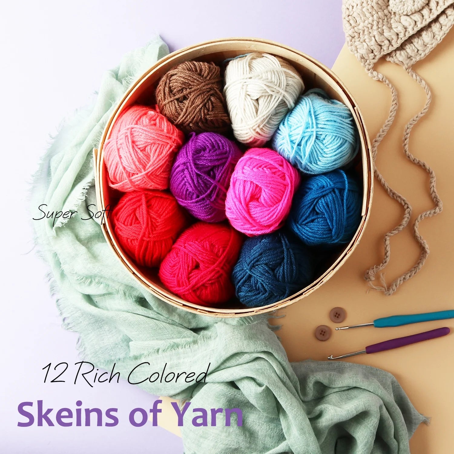 Polyester Yarn for Crochet, Knitting and Crafts, 1200 Yards, 12 Pack