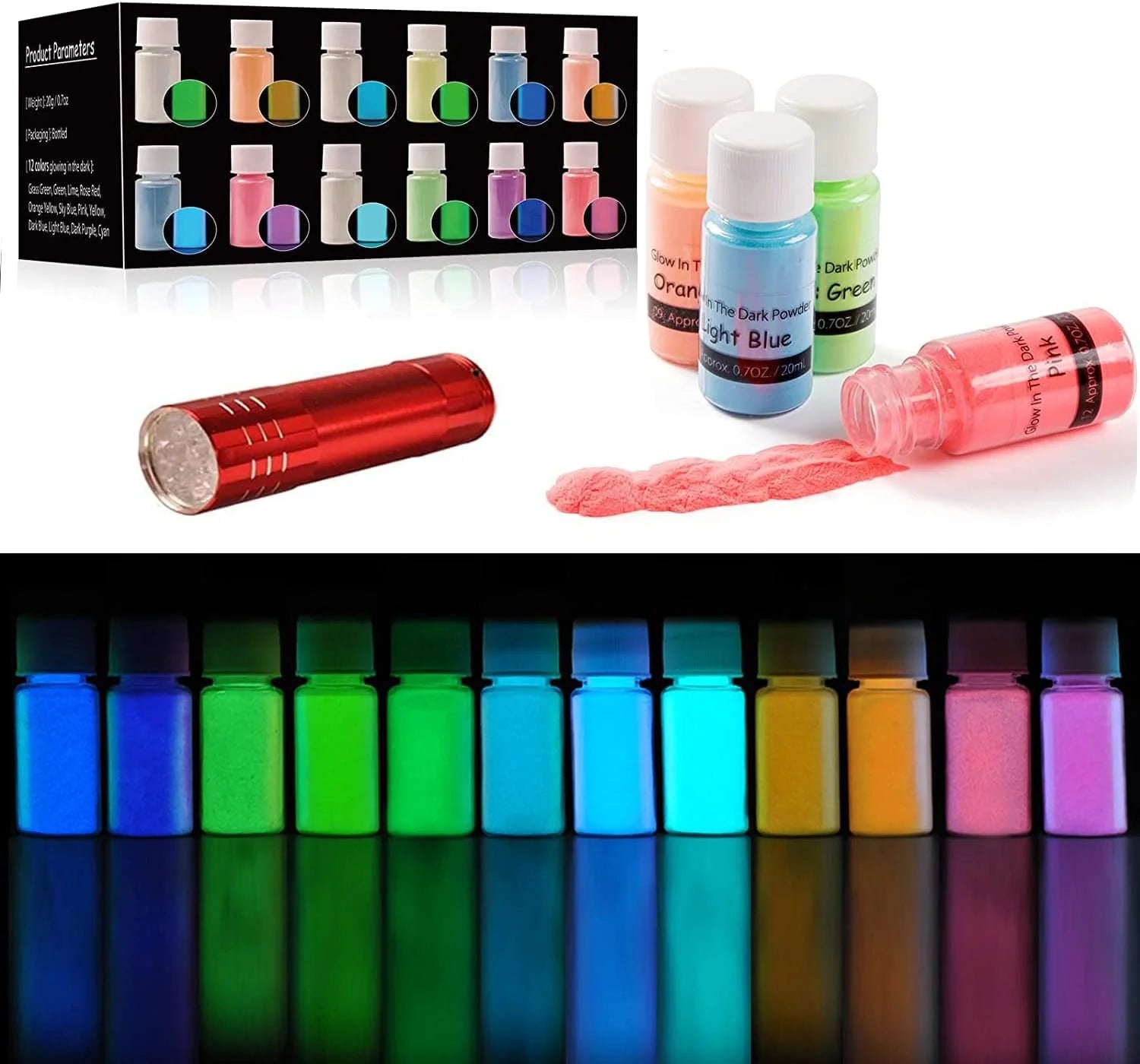 Glow in the Dark Powder Pigment 12 Colors Luminous Acrylic Paint Dye for Epoxy Resin Colorant, Fine Art, Nail Art, DIY Crafts and Party, 0.7Oz Each