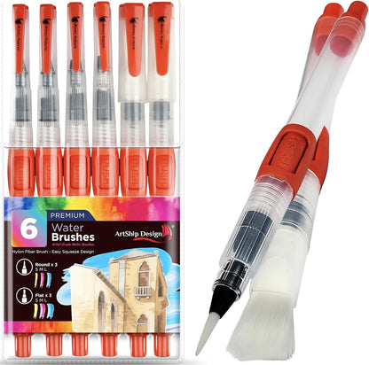 6 Water Brush Pens - Nylon Bristle Tips, Double Pack of Both Flat and round Shaped Tips in 3 Sizes Each, Water Fillable Self-Moistening for Watercolor, Blending, Ink, Gouache, Aquarelle, Acrylic Paint