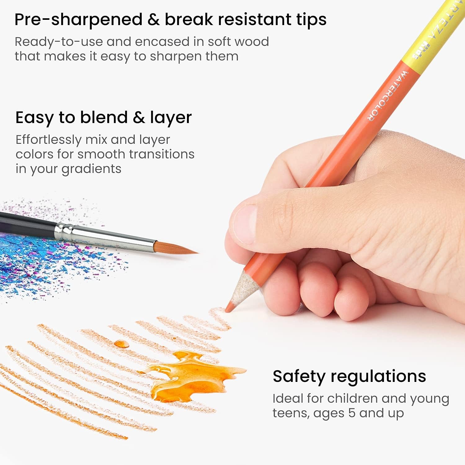 100 Watercolor Pencils for Kids, 50 Double-Sided Pre-Sharpened Color Pencils for Kids with Nylon Water Brush