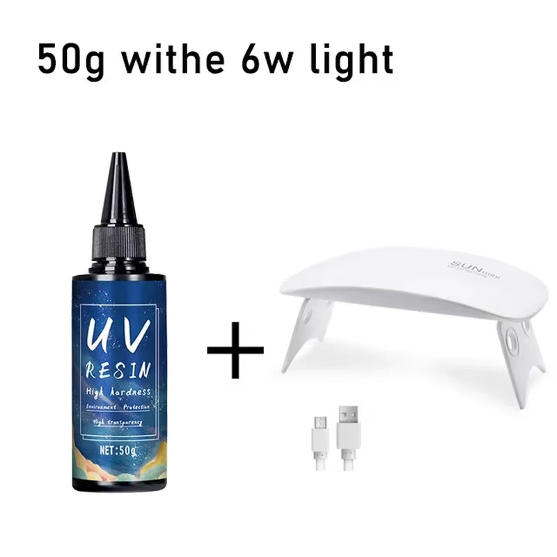 Uv Epoxy Resin Glue 50-1000G DIY Jewelry Making Uv High Transparency Fast Drying High Hardness Bottl Uv Resin Withe 6W Lamp
