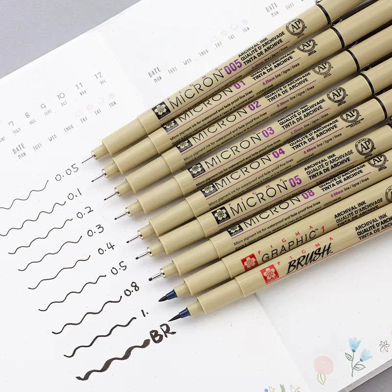 Pigment Liner Micron Pen Set Neelde Drawing Pen Lot 005 01 02 03 04 05 08 1.0 Brush Art Markers Fineliner Sketching Pen
