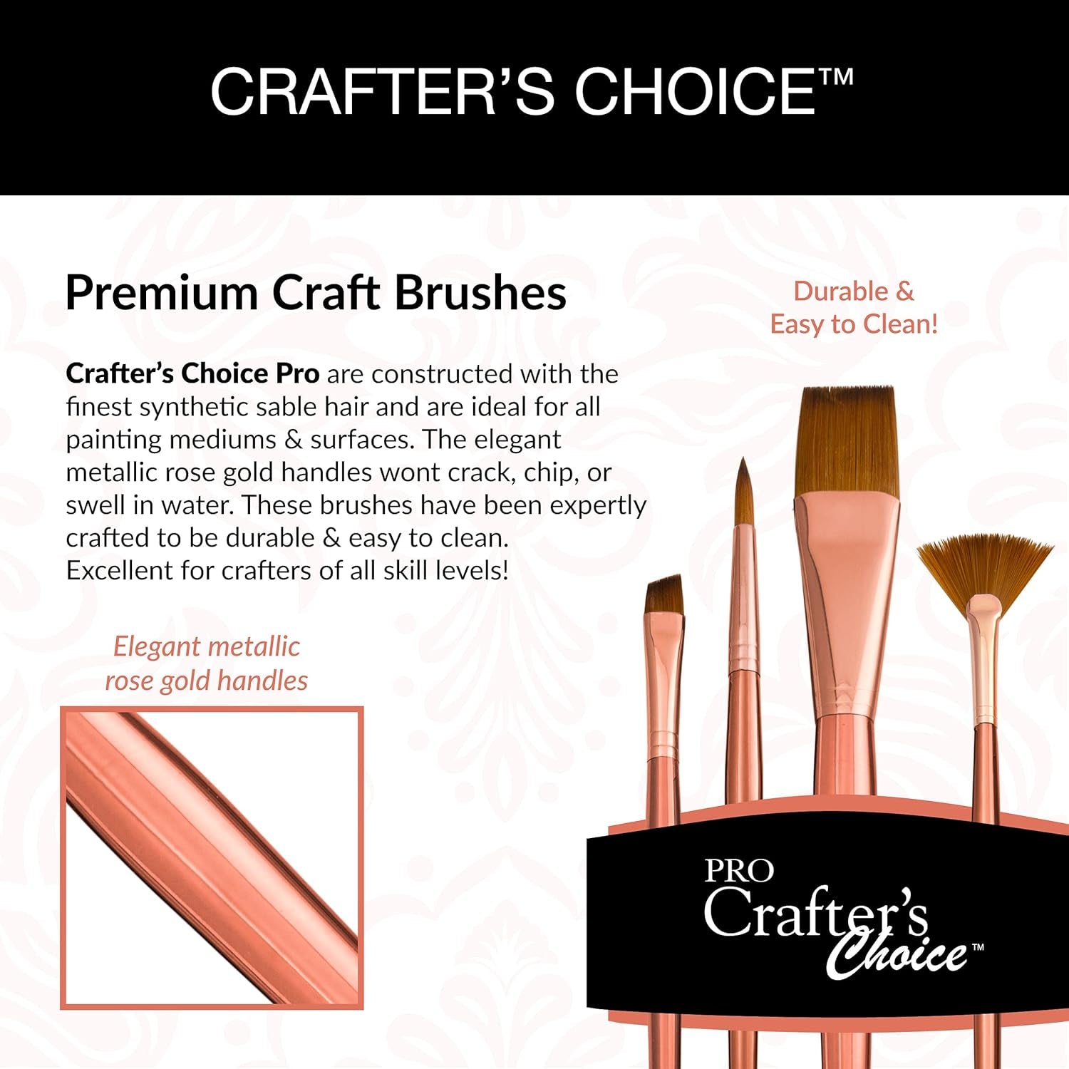 Crafter'S Choice Pro 4Pc Synthetic Sable Mop Variety Craft Brush Set, Includes - Mop, Shader & round Brushes Rose Gold