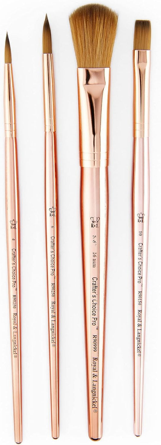 Crafter'S Choice Pro 4Pc Synthetic Sable Mop Variety Craft Brush Set, Includes - Mop, Shader & round Brushes Rose Gold