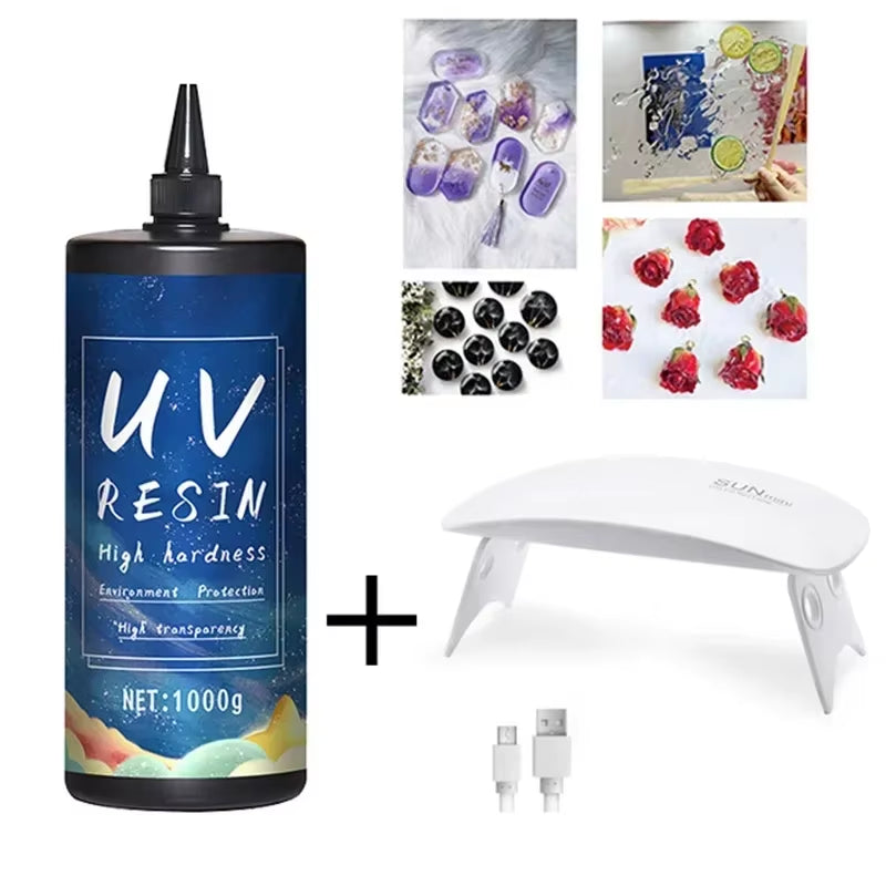Uv Epoxy Resin Glue 50-1000G DIY Jewelry Making Uv High Transparency Fast Drying High Hardness Bottl Uv Resin Withe 6W Lamp